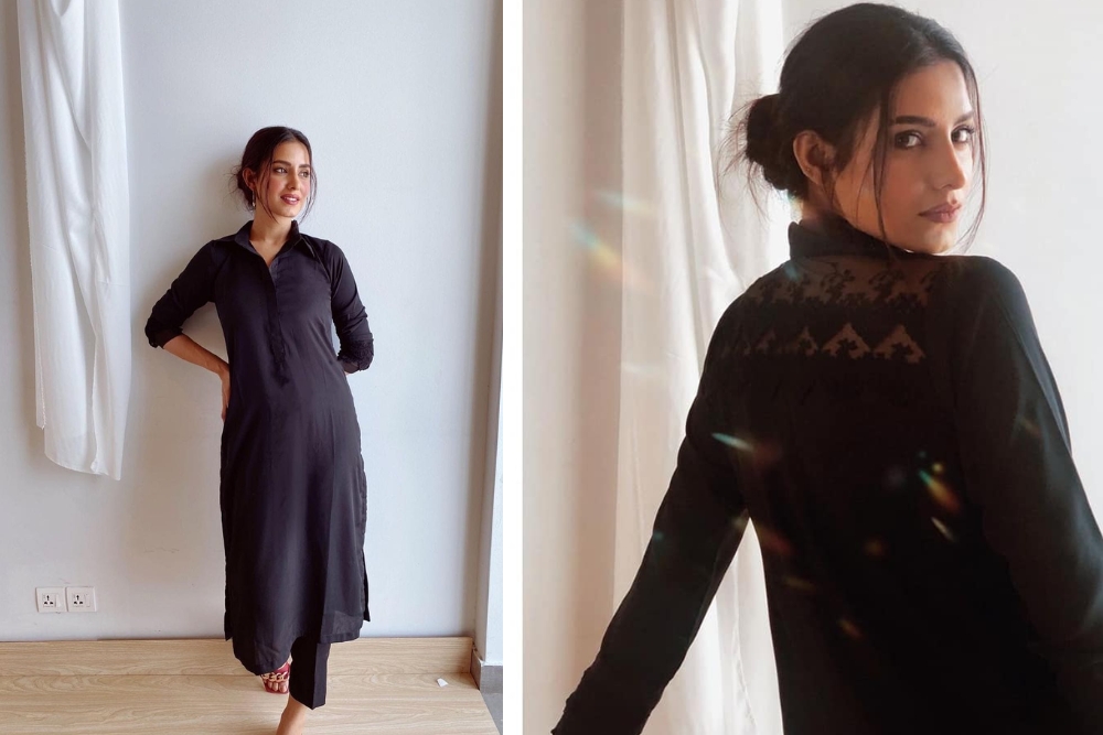 Midnight - All-black collared shirt with delicate lace detailing at the back and sleeves, paired with straight pants. Crafted from high-quality georgette fabric, exuding elegance and sophistication. Customizable length for a perfect fit. Versatile styling options for any occasion. By Gulizar - A Minimal Clothing Brand